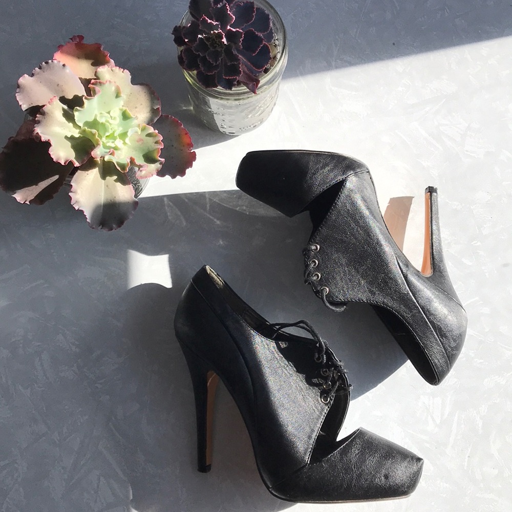 Black lace up cut out heels
